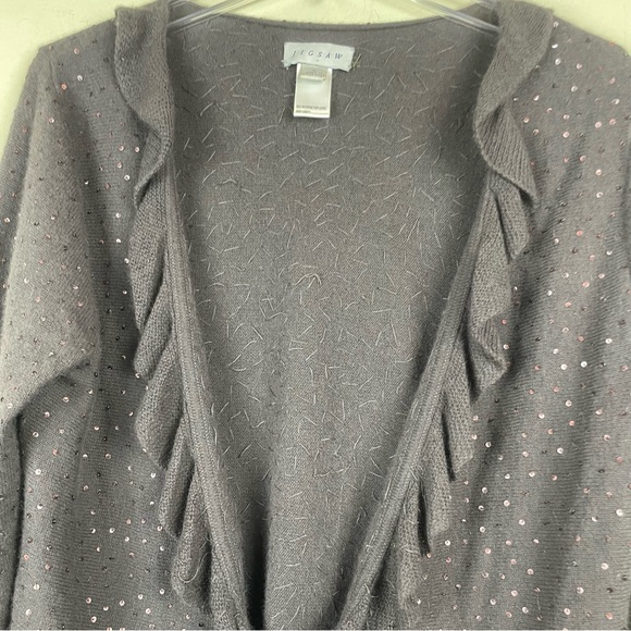 Jigsaw 100% Angora Fabric Brown Open Front Cardigan Sweater Sequins Ruffles Sz L - Picture 5 of 14